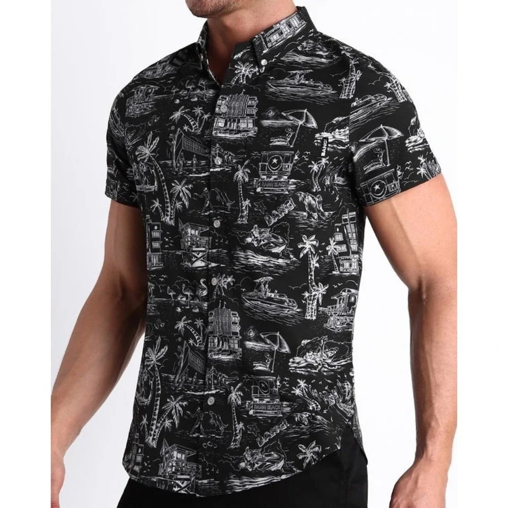 Bang! Miami Men‎ XL Stretch Shirt Toile Pattern Black Street Wear Beach Clubbing
